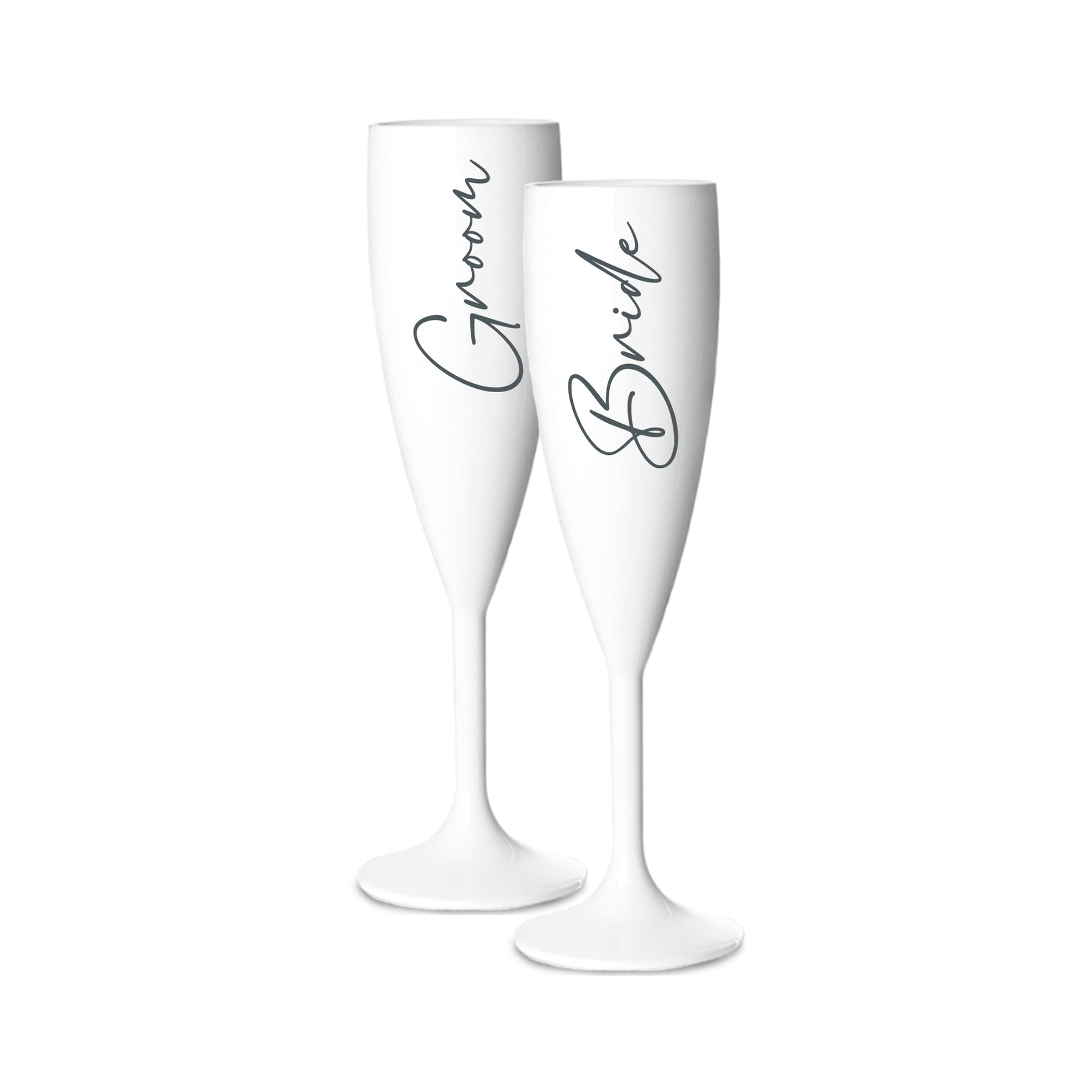 Print Maniacs Champagne Premium White Flute Glass Bride Groom Mr Mrs Wedding Maid Honour Wine Cocktail Prosecco Celebrations Gift (Grey, Bride + Groom Set)