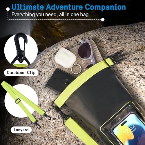 Image of Pelican Marine IP68 Waterproof Dry Bag 2L w /Phone Pouch /Case - Black /Yellow | Roll Top Waterproof Backpack with Touchscreen Phone Pouch - Swimming, Kayaking, Camping, Rafting, Fishing & Travel Essentials
