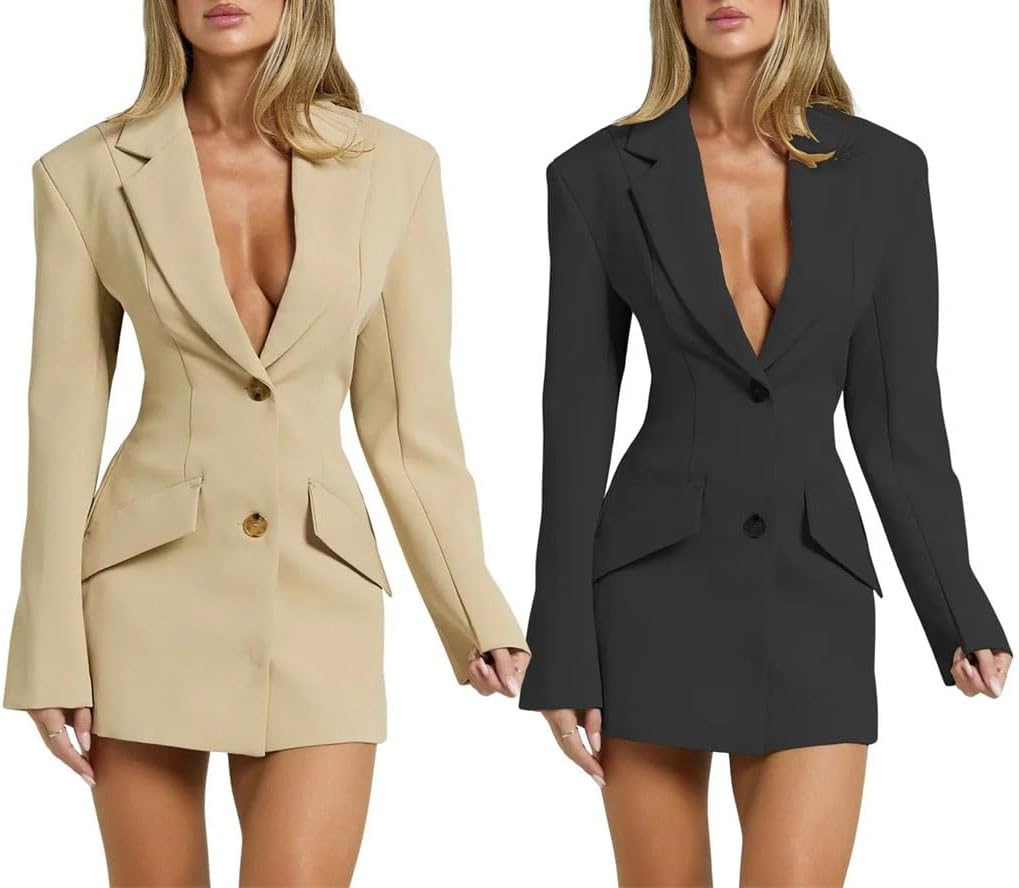 Women Deep V-Neck Button-Up Waist Cinching Suit Dress Commute Solid Color Fashion Business Blazer