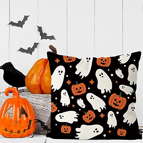 Halloween Pillow Covers 16X16 Inch Ghost Pumpkins Linen Pillowcase Holiday Farmhouse Throw Pillows Indoor Outdoor Couch Cushion Case For Home Sofa Decor #TOP1