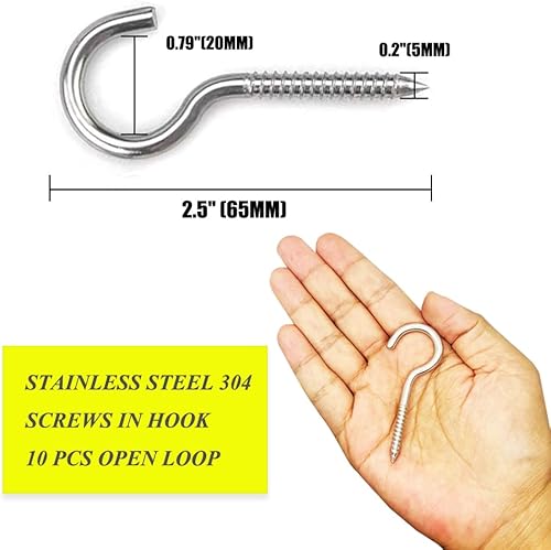 Miniatura 2 de Uayeatye Ganchos de tornillo de acero inoxidable, tornillos de gancho de ojo M5 de 2.5 pulgadas, ganchos de ojo de metal resistente para techo al