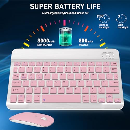 Image of Rechargeable Bluetooth Keyboard and Mouse Combo, Universal Ultra-Slim Wireless Keyboard Mouse Set for Android Windows iPad iPhone Samsung Tablet Portable Compact Keyboard Set (Pink)