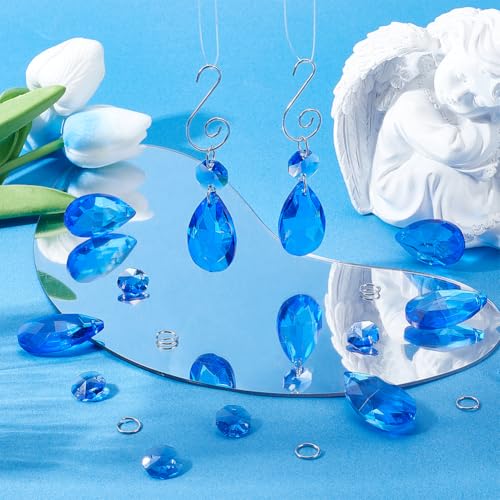 SOFPLATE 1 Box 12 Pack 38mm Crystal Chandelier Prisms Blue Teardrop Crystal Chandelier Pendants Octagon Links Jump Rings Glass Prism Suncatcher for Christmas Wedding Party Decor Chandeliers Hanging - Image 4