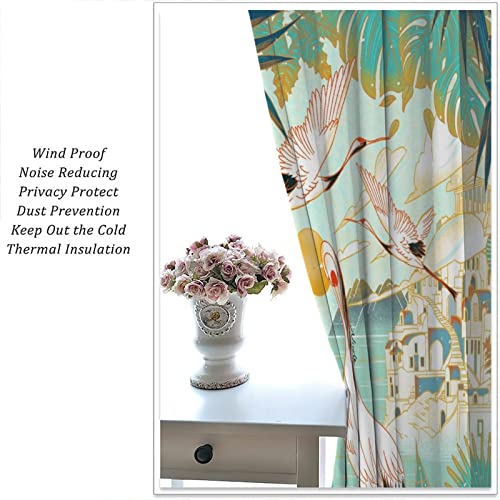 Asian Kitchen Curtains, Japanese Crane Flying And Bamboo Design, Window Drapes 2 Panel Set For Kitchen Cafe Decor 42X45Inch #TOP5