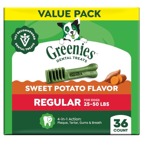 Image of Greenies Regular Natural Dental Dog Treats, Sweet Potato Flavor, 36 Count | Veterinarian-recommended, cleaner teeth after 28 days, freshens breath, for dogs 25-50 lbs, 36 oz. Pack