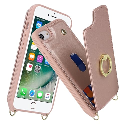 Image of for iPhone 7 /8 /SE 2020 /SE 2022 Case with Card Holder and Strap for Women,Crossbody Lanyard,Kickstand Ring Stand,Snap Clasp,Phone Wallet Cases 4.7 inch(Rose Gold)