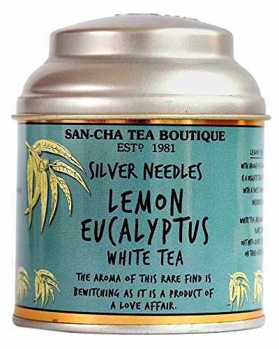 Image of Sancha Tea Boutique, Lemon Eucalyptus White, 25g Loose Silver Needle Buds with Eucalyptus Leaves, Refreshing Citrus & Herbal Blend, Premium Antioxidant Rich White
