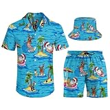 PUBDSKBLDE - Set da spiaggia per uomo, completo di 3 pezzi, con camicia hawaiana a maniche corte, pantaloncini e cappello a secchiello con Babbo Natale, Stile 6, XXL