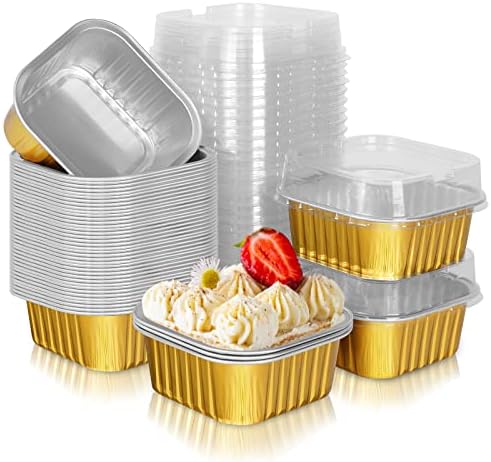 Aluminum Foil Mini Square Baking Cups,HEYYUMI 50pcs 5oz Disposable Ramekins with Lids,Mini Cake Pans,Cupcake Cups Muffin Tins Liners,Individual Dessert Containers Flans for Brownie Cheesecake(Golden)