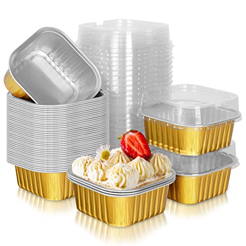 Aluminum Foil Mini Square Baking Cups,Heyyumi 50Pcs 5Oz Disposable Ramekins With Lids,Mini Cake Pans,Cupcake Cups Muffin Tins Liners,Individual Dessert Containers Flans For Brownie Cheesecake(Golden) #TOP8