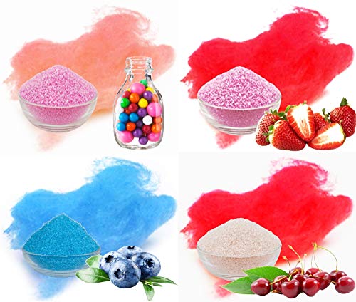 4x100g Aromazucker mit Geschmack. Bubble - Gum, Erdbeer, Heidelbeere, Kirsche bunter farbiger Zucker für Zuckerwatte, Popcorn und zum Dekorieren. Premium Zucker Set für die Zuckerwatte Maschine