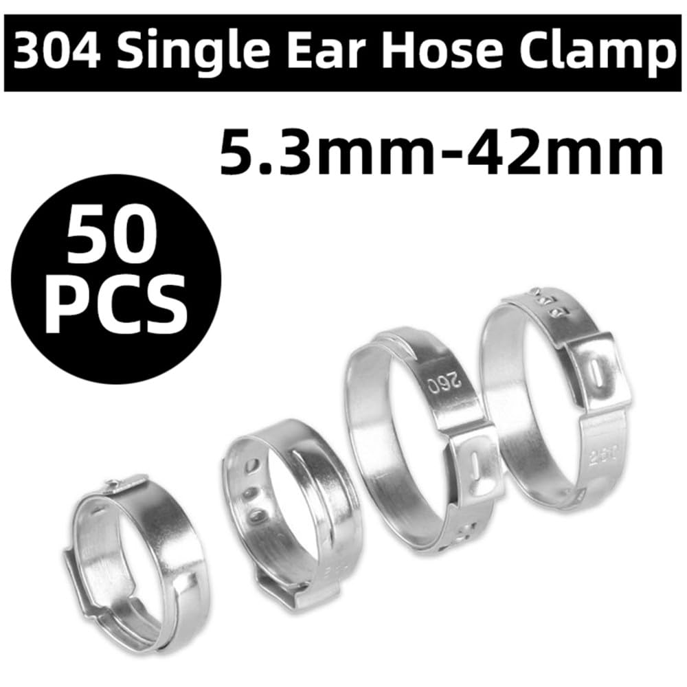 50 abrazaderas de manguera de una sola oreja continuas de 5,3 a 42 mm, kit surtido de abrazaderas de tubo de oreja de acero inoxidable 304, especificaciones múltiples, 34,6, 38,1 mm