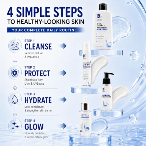 Image of Snail Mucin Skincare Kit - Face Cleanser, Snail Mucin Glow Serum, Moisturizer & SPF 50+ Sunscreen | Korean Skin Care Routine Kit for Glowing Skin | Daily Hydrating Skin Care Set for Men & Women