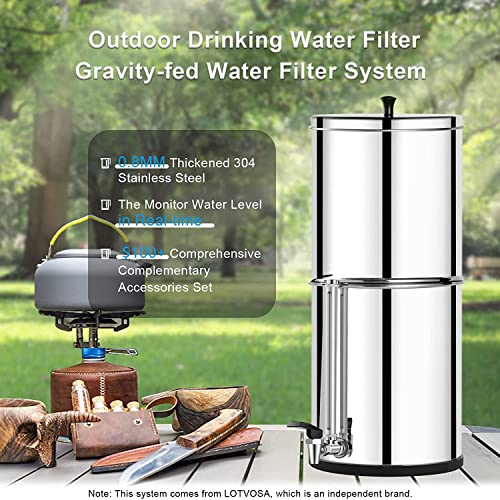 Lotvosa Gravity-Fed Water Filter System, 2.25G Stainless-Steel Countertop Water Filter System With 2 Black Elements And 2 Fluoride Filters, Metal Water View Spigot #TOP1