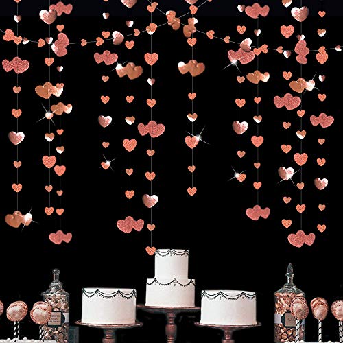 52 Ft Rose Gold Double Heart Hanging Garland Double Sided Glitter Metallic Paper Banner for Bachelorette Engagement Wedding Bridal Shower Birthday Anniversary Christmas Party Decorations (4 Packs)