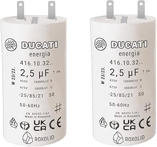 Lot de 2 Condensateurs 2,5 uF pour réparation de volet roulant SOMFY, SIMU. Condensateur cylindriques à 2 cosses Faston 2,8 spécial remplacement pour moteur 6nm de volet.