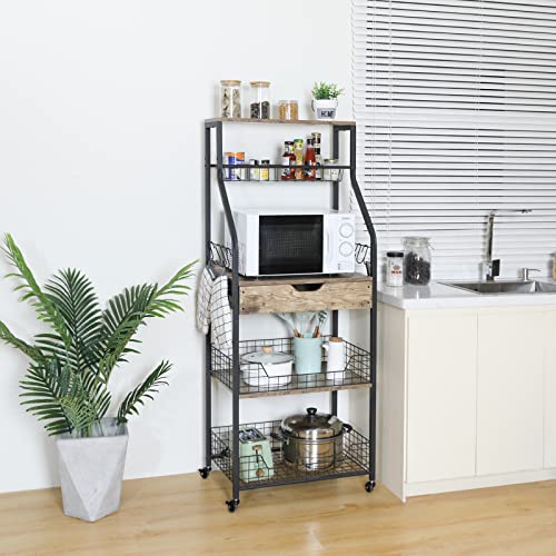 Threehio 5-Tier Kitchen Baker's Rack With Drawer, Free Standing Microwave Cart With Storage With Rolling Wheels, Kitchen Utility Storage Shelf With Wire Baskets, 8 Hooks And Metal Frame #TOP3