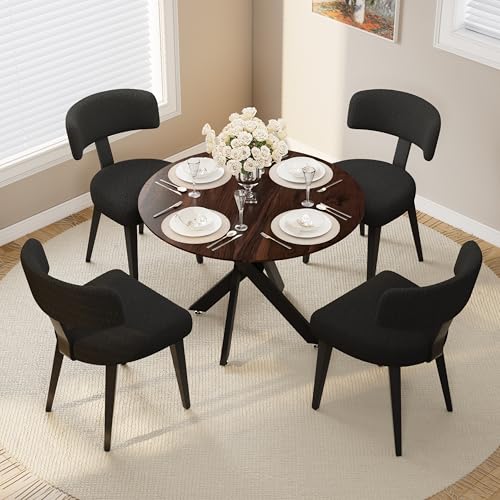 Image of Wood Dining Table Set for 4, 36 inch Round Kitchen Table with 4 Boucle Dining Chairs, MDF Tabletop with Metal Legs, Ergonomic Dining Chair with Metal Legs(Woodgrain Table)