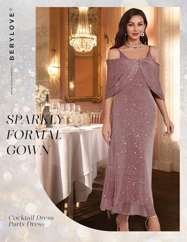 BeryLove Sequin Formal Mother of The Bride Dress Cocktail Evening Wedding Dresses with Shawl4