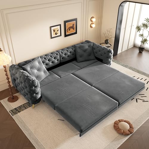 Image of KEIKI 97.7 inch Convertible Sleeper Sofa Bed, 3 in 1 Pull Out Sofa Bed, 4-Seater Button Tufted Couch with Movable Ottoman for Living Room, Bedroom, Apartment, Dark Grey