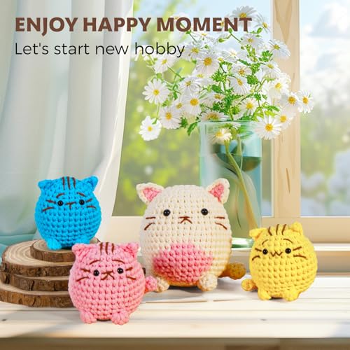 Image of Crochet Kit for Beginners - Learn to Crochet 4 Adorable Cat Amigurumi with Step-by-Step Video Tutorial and Easy Peasy Yarn, Complete Starter Kit for Adults Kids, DIY Craft Gift for Birthday Christmas