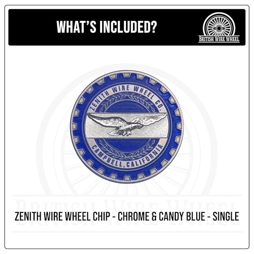 Image of Zenith Chrome & Candy Blue Metal Wheel Chip Emblem (Single) | Triple Chrome Plated Solid Metal Wheel Chip Emblem 2.25 inch | for Lowriders with Recessed Knock Off Spinner Caps