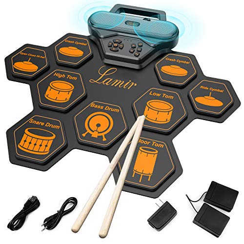 Electronic Drum Set for Kids 9 Drum Pads with Pedals Kit Roll Up Drum Set with Handle Built In Speaker MIDI Record Speed Control Function for Drum Beginner Drum Enthusiasts