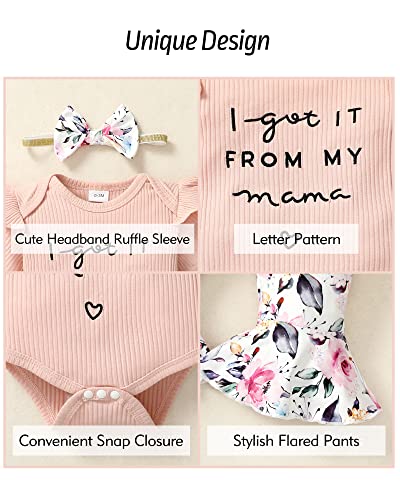 Highuzza Baby Girl Clothes 0-3 Months Newborn Infant Outfits Summer Girl Romper Letter Tops Flower Flare Pants Baby Girls' Clothing Set Cute Headband Gifts Pink #TOP3