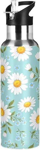 Stainless Steel Water Bottle 20 Oz, BPA-Free Sports Water Bottle with Straw for Gym Outdoor Travel School, Daisies Yellow Blue Flowers