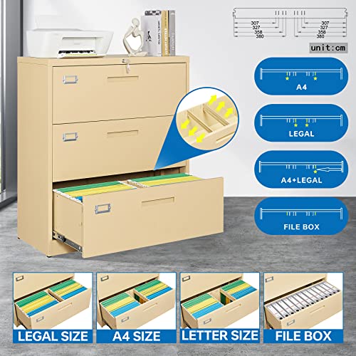 Bynsoe 3 Drawer Lateral File Cabinet Metal Filing Storage Cabinet With Lock Office Home Steel Lateral File Cabinet For A4 Legal/Letter Size Wide File Cabinet Locked,Assembly Required (Yellow 3 Drawer) #TOP4