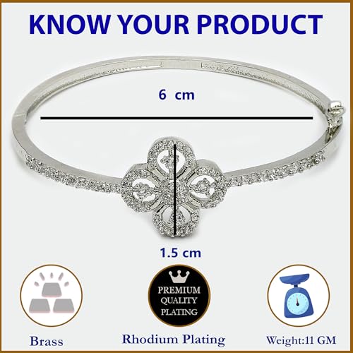 Image of ZENEME Rhodium-Plated Silver Tone American Diamond Floral Openable Kada Bracelet for Girls | White Floral CZ Studded Designer Hinged Bracelets For Women