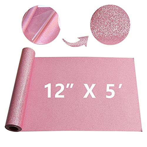 Image of RENLITONG Pink Glitter HTV Heat Transfer Vinyl Rolls - 12 Inch x 5 feet Iron on Vinyl for T-Shirt and Silhouette, Easy to Cut & Weed for Heat Transfer Design (Glitter Pink)