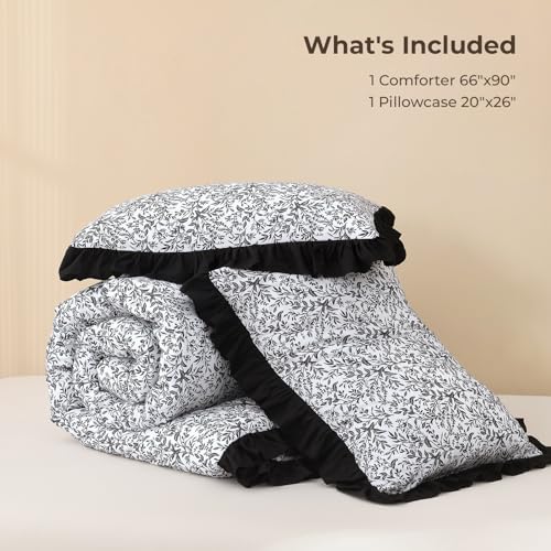 Image of Litanika Black White Twin Comforter Sets, 2 Pieces Ruffle Floral Farmhouse Aesthetic Bedding Comforter Sets, All Season Soft Lightweight Fluffy Microfiber Bed Set(66x90In Comforter, 1 Pillowcase)