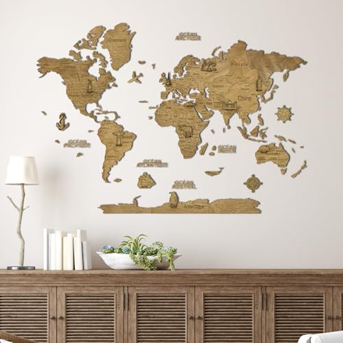 Creatifwood Mapa mundi madera 2D con Nombres Grabados de Países y estados para Marcar Viajes. Mapa mundi pared de madera multicapa Decoración Dormitorio y Oficinas. (Dark, 80L x 55l cm)