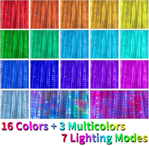 Image of 16 Colors Changing Curtain Lights - 400 LED 14.8 X 9.8 FT Fairy String, 7 Modes Twinkle with Remote, Backdrop Wall Hanging Dripping for Bedroom Backyard Halloween Christmas Decor