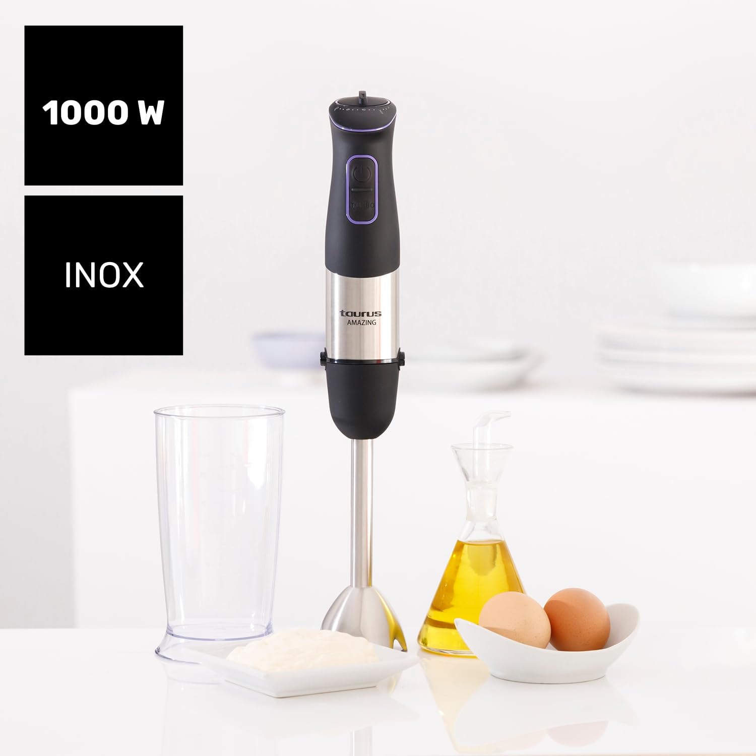 Taurus Amazing - Batidora de mano potente AHB1000X, 1000 W, Regulador 20 velocidades, Función Turbo, 4 Cuchillas de acero inoxidable, Diseño ergonómico soft-touch, Incluye vaso medidor, Negro - 2