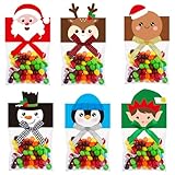 270 PCS Christmas Self-Adhesive Goody Bag with Topper Bow Plastic Snowman Candy Pouches Merry Christmas Favor Pouches with Handle Santa Claus Gingerbread Man Reindeer for Winter Party Wrapping