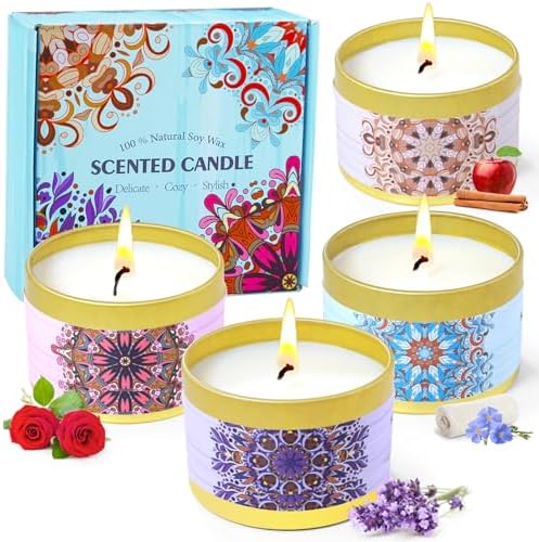 Candles Gifts for Women, Scented Candles, Scented Candle Gift Set Pack of 4, Soy Wax, Travel Tin Candle for Body Relaxation, Aromatherapy, Bath, Yoga, Mother's Day, Valentine's Day, Birthday