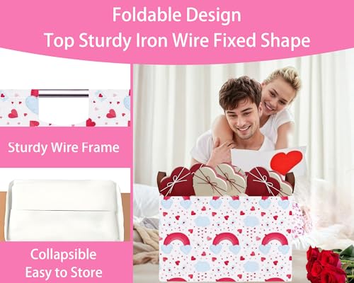 Image of Valentines Day Basket Large Foldable Heart Shaped Storage Box for Gifts Kids Empty Storage Bins Rectangular Toy Organizer Decor (Rainbow Love)