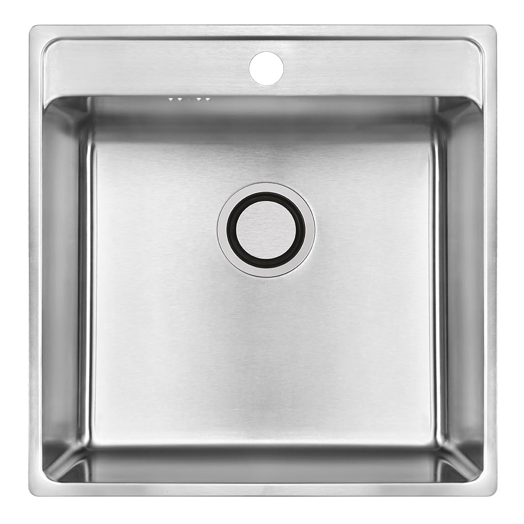 VBChome Edelstahl Einbauspüle 49x48x21 cm – Gebürsteter Inox-Stahl, Großes Becken mit Hahnloch, Küchenspüle inklusive Siphon, Robuste Edelstahlspüle