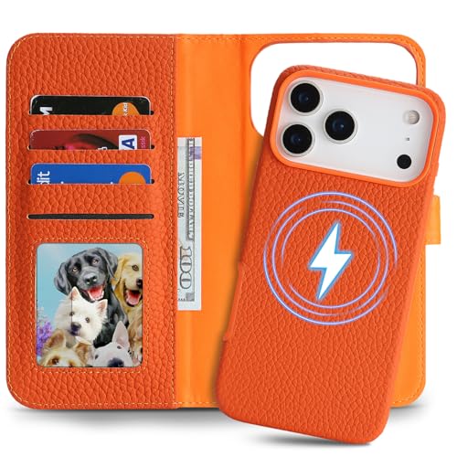 Image of Detachable Genuine Leather Case for iPhone 17 Pro Wallet Case Magnetic 2in1 Removable Flip Cover Book Purse Compatible with Magsafe Charging Kickstand Card Holder-Orange