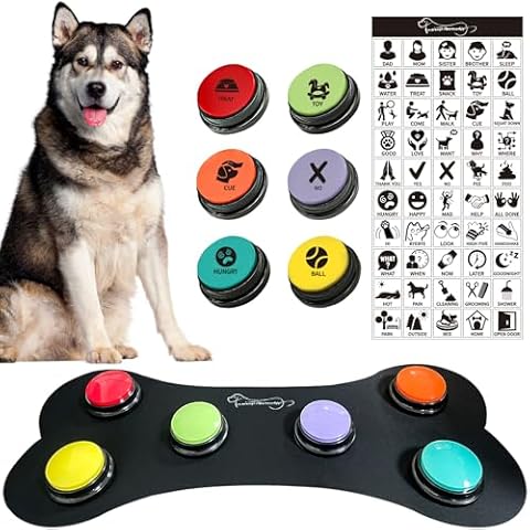 RIBOSY Dog Speech Training Buzzer Set, 6 Recordable Buttons with Non-Slip Rubber Mat and 50 Stickers - Record& Playback Your Own Voice to Train Your Dog Voice What They Need (Battery Included) Cover