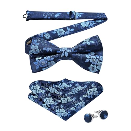 Image of HISDERN Bow Ties for Men Pre-Tied Bow Tie Floral Paisley Handkerchief Classic Formal Bowtie and Pocket Square Cufflinks Set