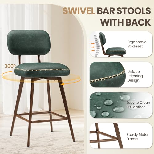 Image of MALOL 26 inch Swivel Bar Stools Set of 4, Mid Century PU Leather Counter Height Bar Chairs with Low Back and Metal Legs, Modern Bar Stool Chair for Kitchen Island, Green