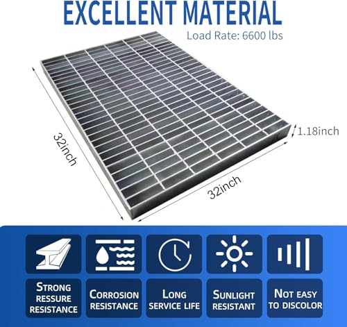Galvanized Steel Drain Grate, B125 Class Channel Grate, Outdoor Drain Cover, Durable Heavy Duty Sewer Grate, Sliver Square Drainage Grate, Suitable for Garages, Sewers (32 inches x 32 inches) by Bakufu - Used condition - Image 2