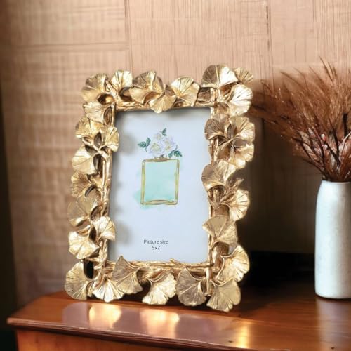 Image of Art Street Elegant Golden Ginkgo Leaf Resin Vintage Table Photo Frame, 5x7 Inch Photo, Decorative Frames Perfect for Home Decor, Unique Gift Idea, Durable, Birthday, Wedding, Return Gift - Royal Gold