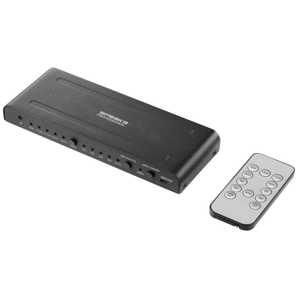 Angled top view of the SpeaKa Professional SP-HDA-550 HDMI switch with all ports labeled.