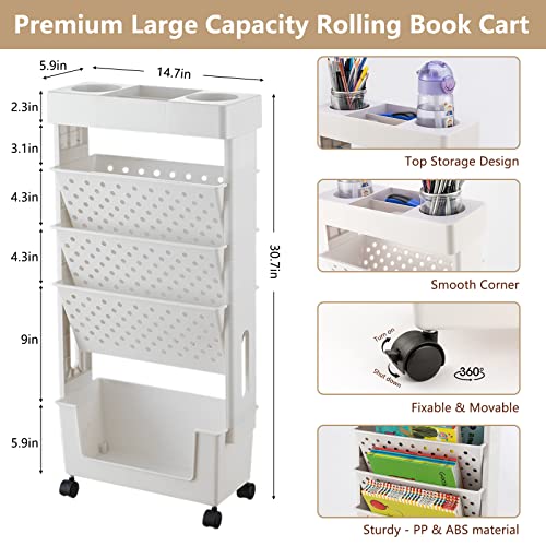 CINPIUK Rolling Office Paper Organizer, Mobile Book Cart Document Folder File Storage with Pen Holder, Slim Rolling Storage Cart Movable Bookshelf for Office, Dorm, Classroom, Nursery, White - Thumbnail 3