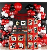 Graduation Decorations Class of 2026,Red and Black Graduation Decorations Set of 4 Balloons Boxes...