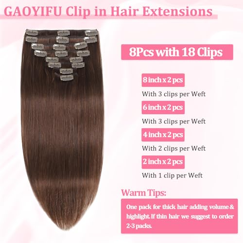 Image of Clip in Hair Extensions Real Human Hair, Human hair Clip ins Extensions | Seamless Invisible Human Hair Extensions Clip ins Straight 8Pcs Double Weft Tangle Free, No Shedding Chocolate Brown 18 inch 100g
